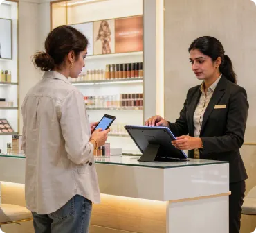 Retail store associate capturing customer contact details on a mobile tablet counter