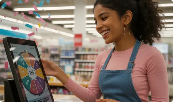 Smiling customer interacting with an in-store digital prize wheel on a tablet screen
