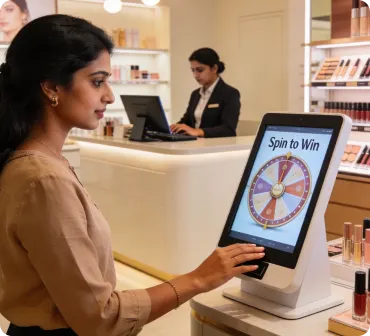 Customer using a digital spin-to-win tablet kiosk at retail store entrance