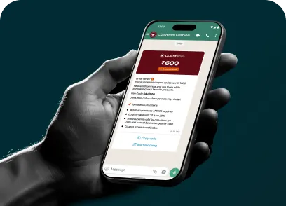 Hand holding phone displaying interactive WhatsApp reward message interface