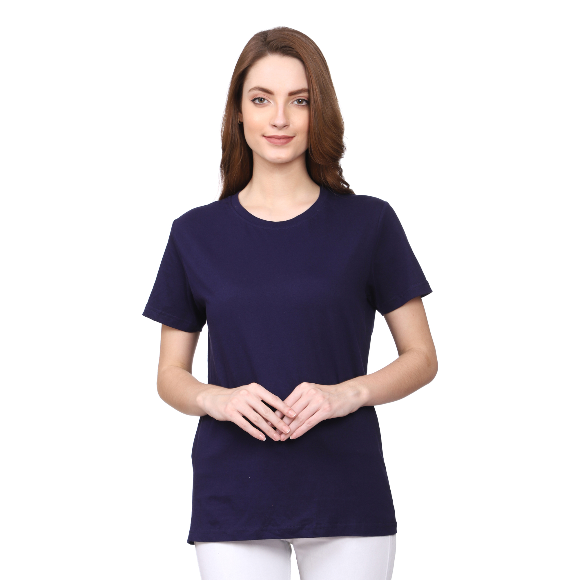Absqura Solid Women Round Neck Navy Blue T-Shirt