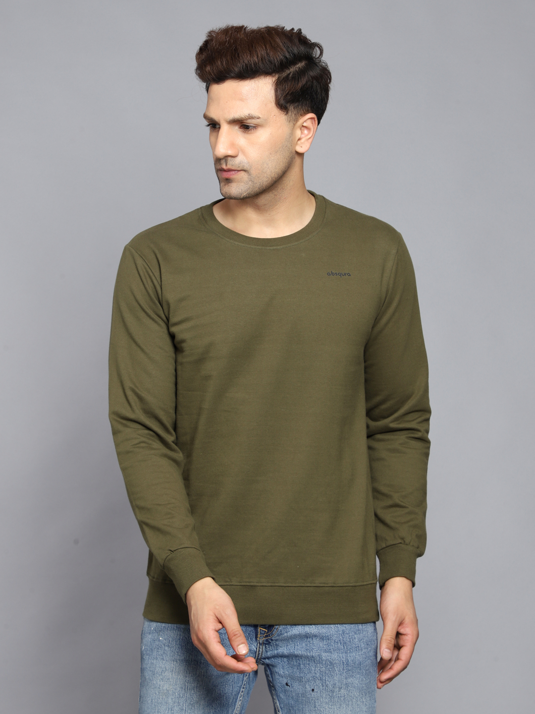 Absqura Full Sleeve Solid Men Olive Green Sweatshirt