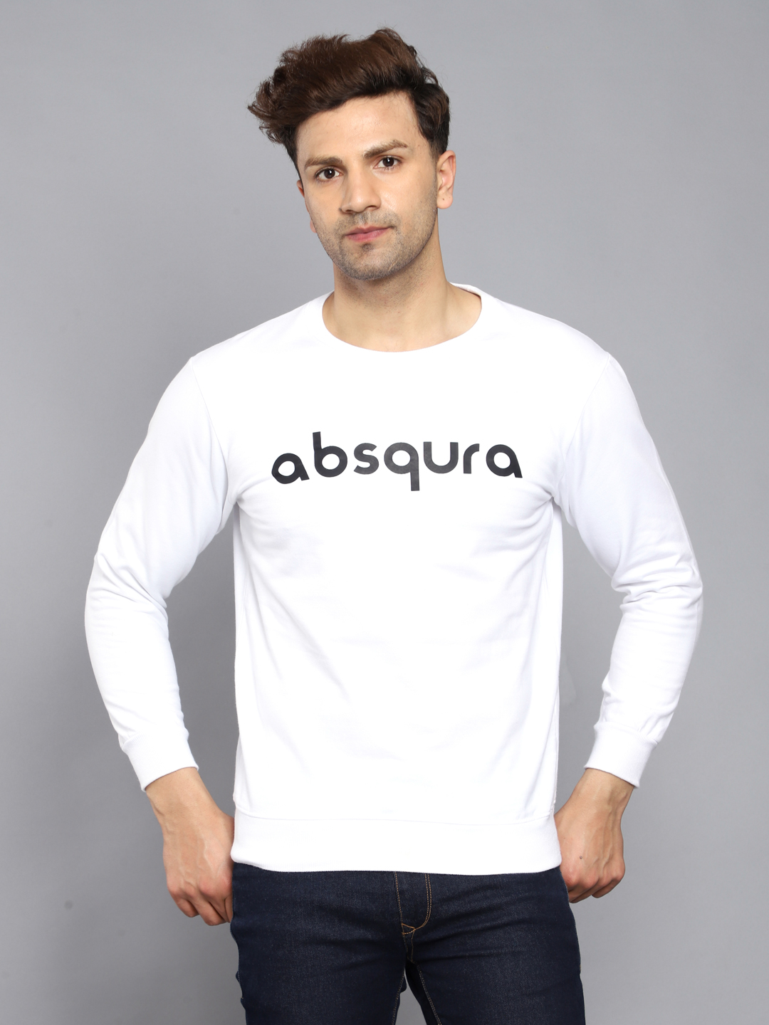 Absqura Full Sleeve Printed Men Black Logo White Sweatshirt