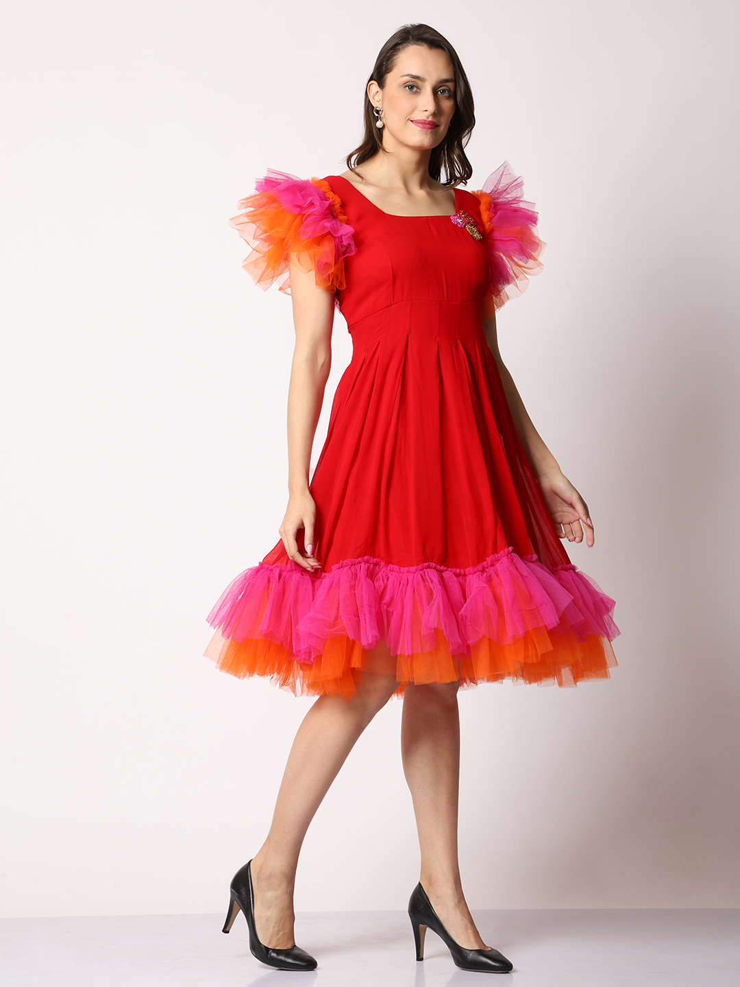 Absqura Women Red Puffy Short Dress