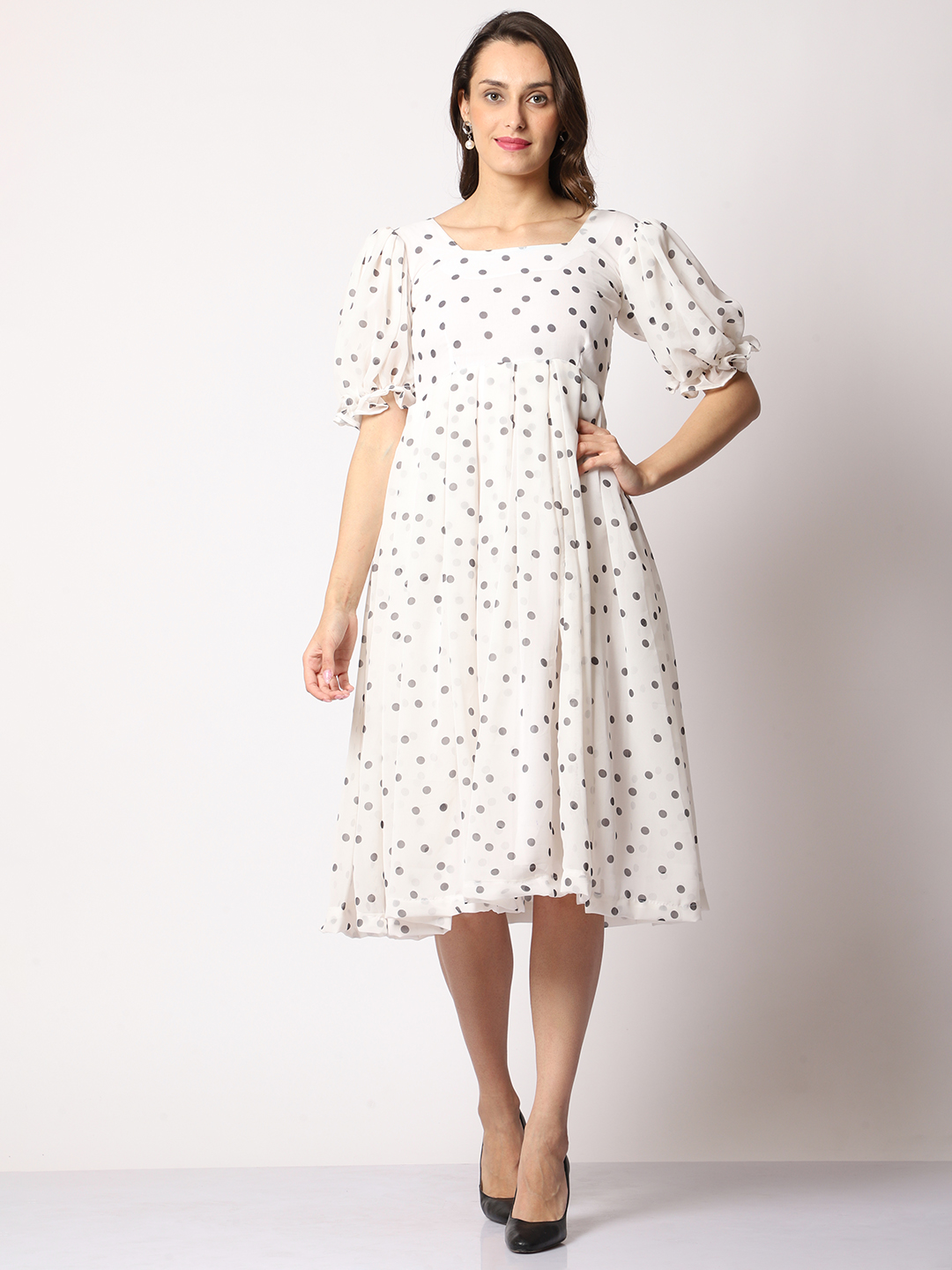 Absqura Women Black Dots White Dress