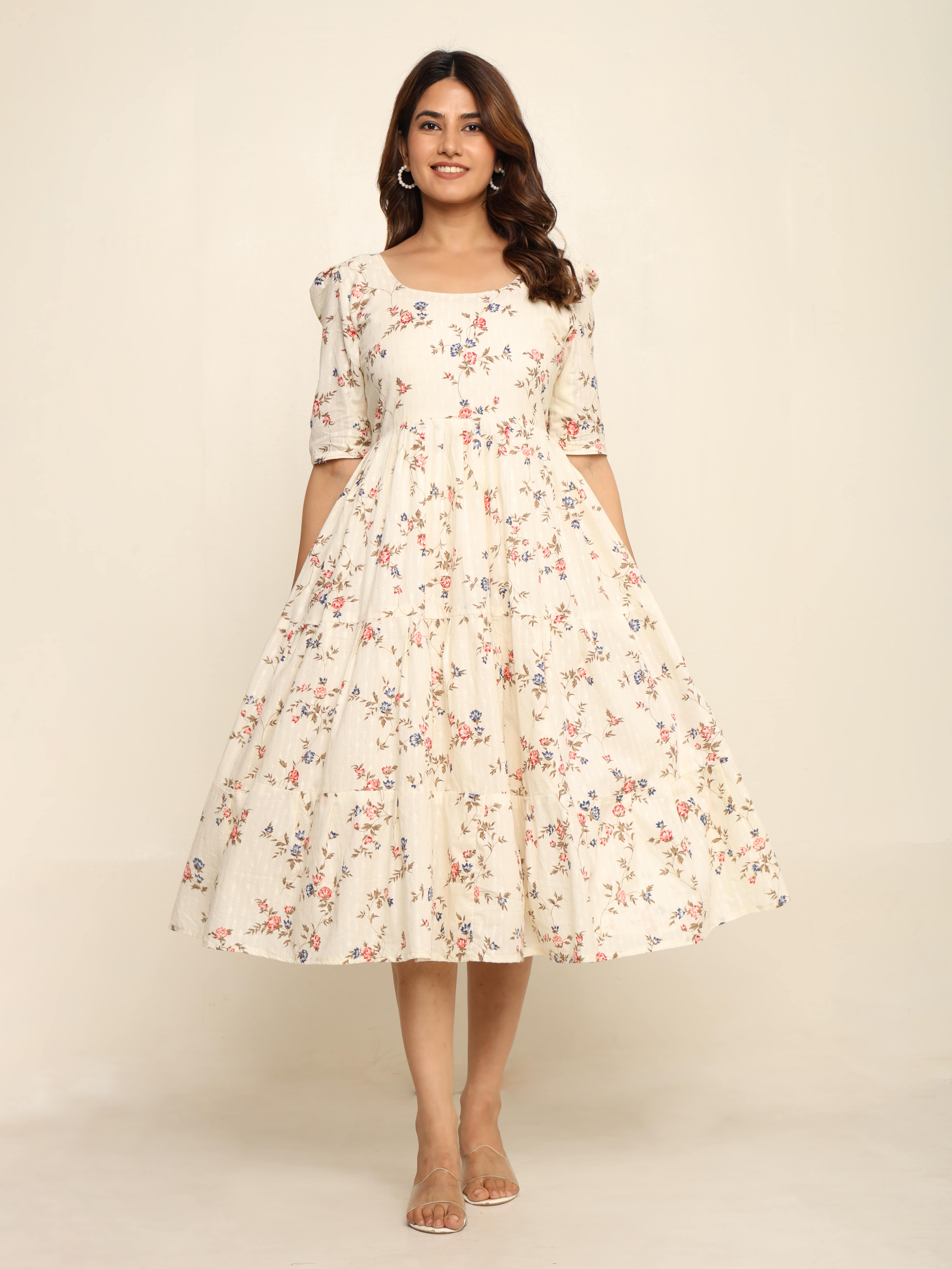 Absqura Women Floral Print Cream Dress