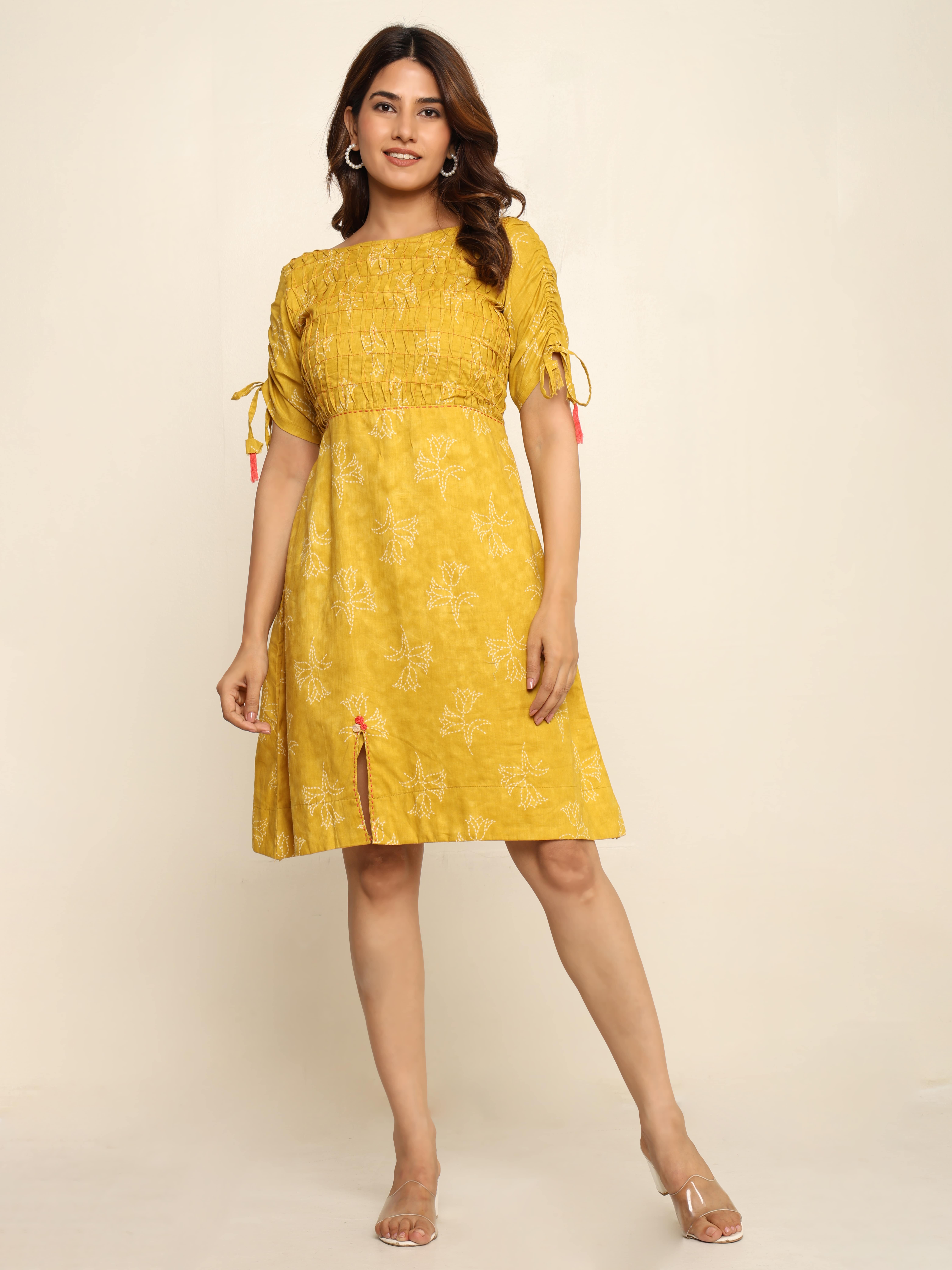 Absqura Women Printed Flared Yellow Dress