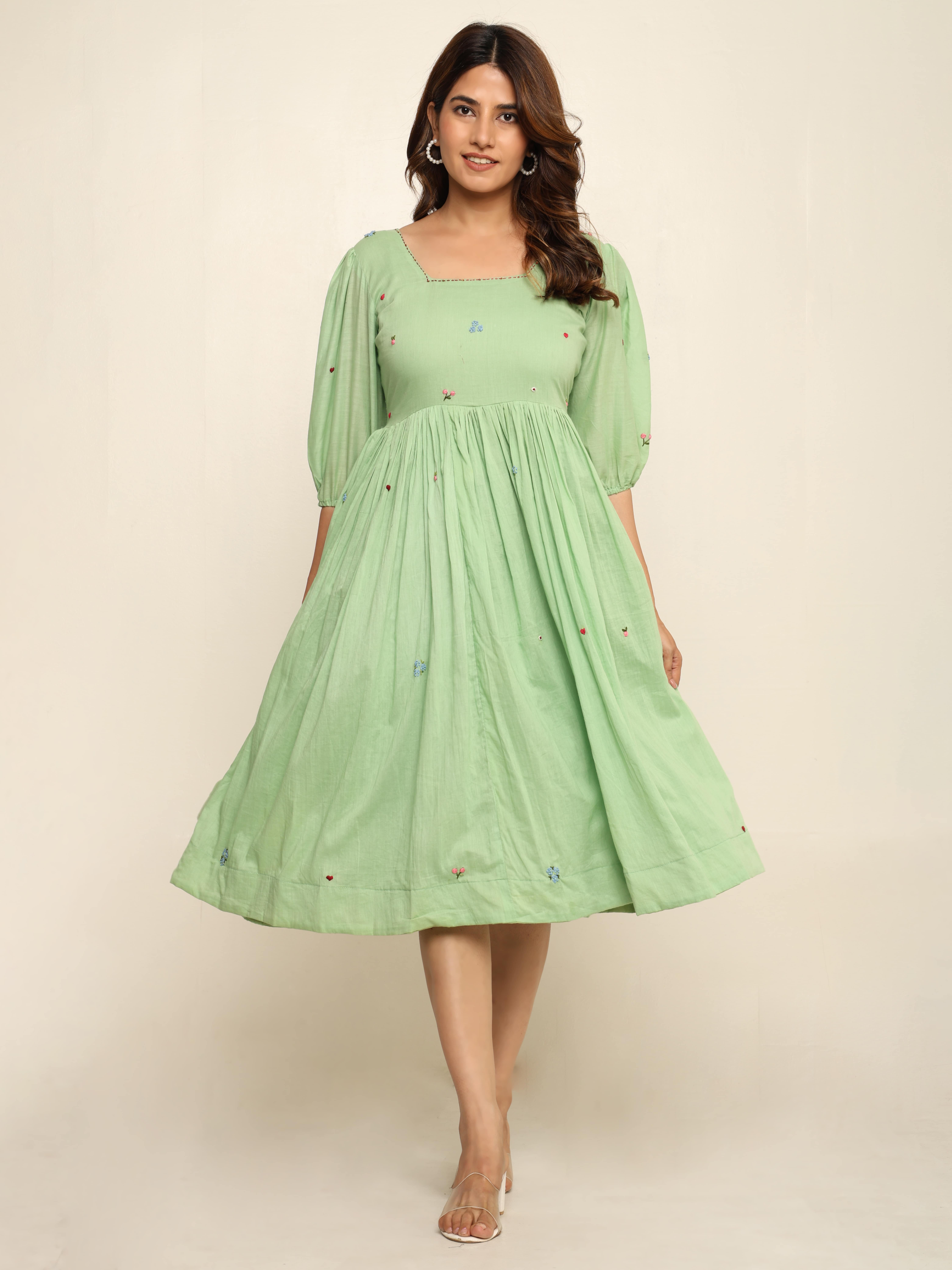 Absqura Women Hand Embroidered Pista Green Dress