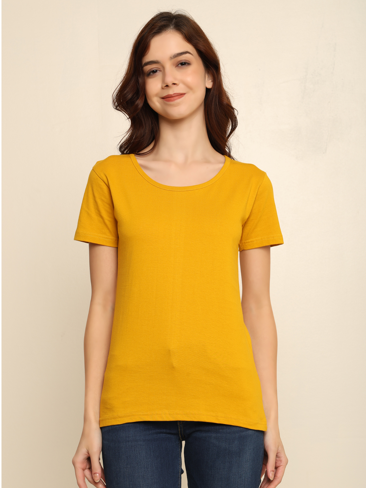 Absqura Solid Women Mustard Yellow T-Shirt