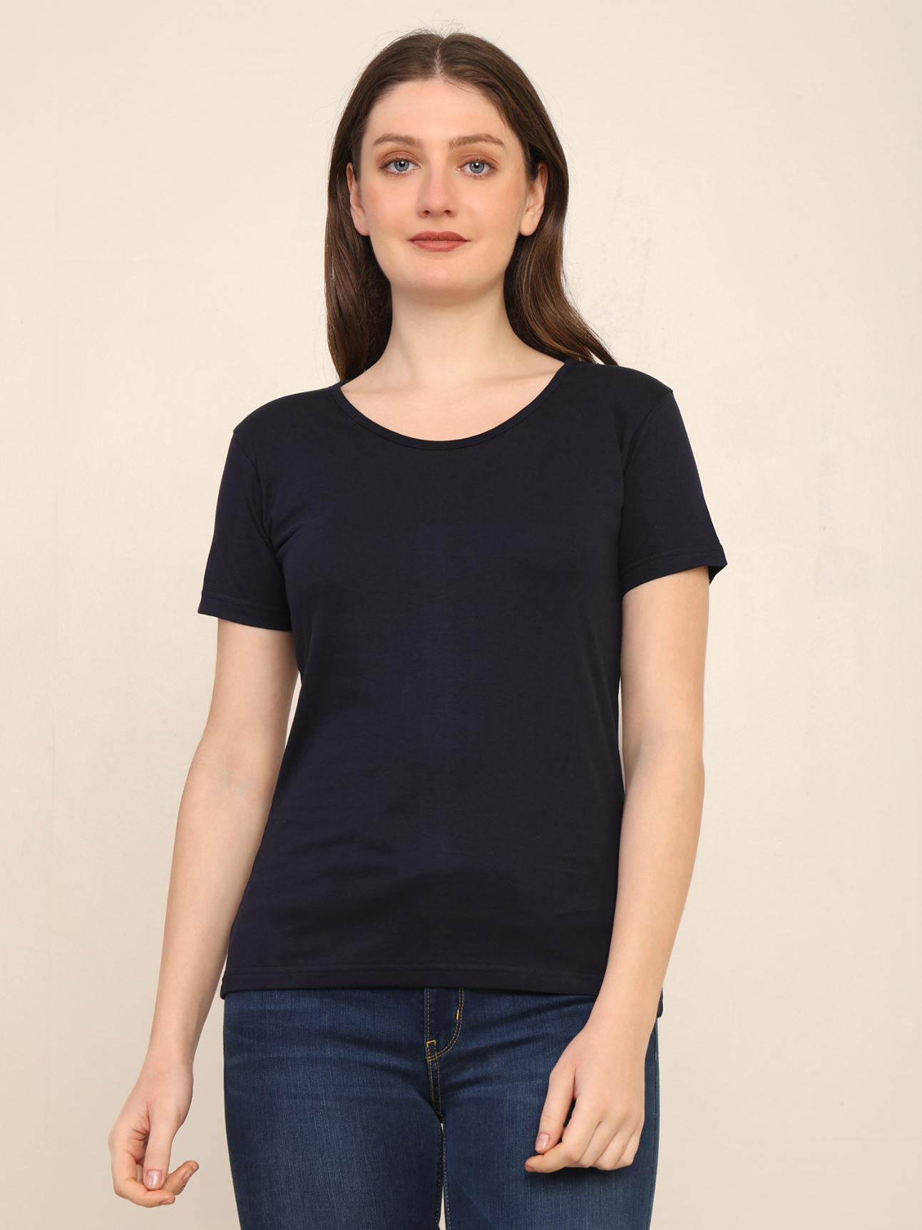 Absqura Solid Women Navy Blue T-Shirt