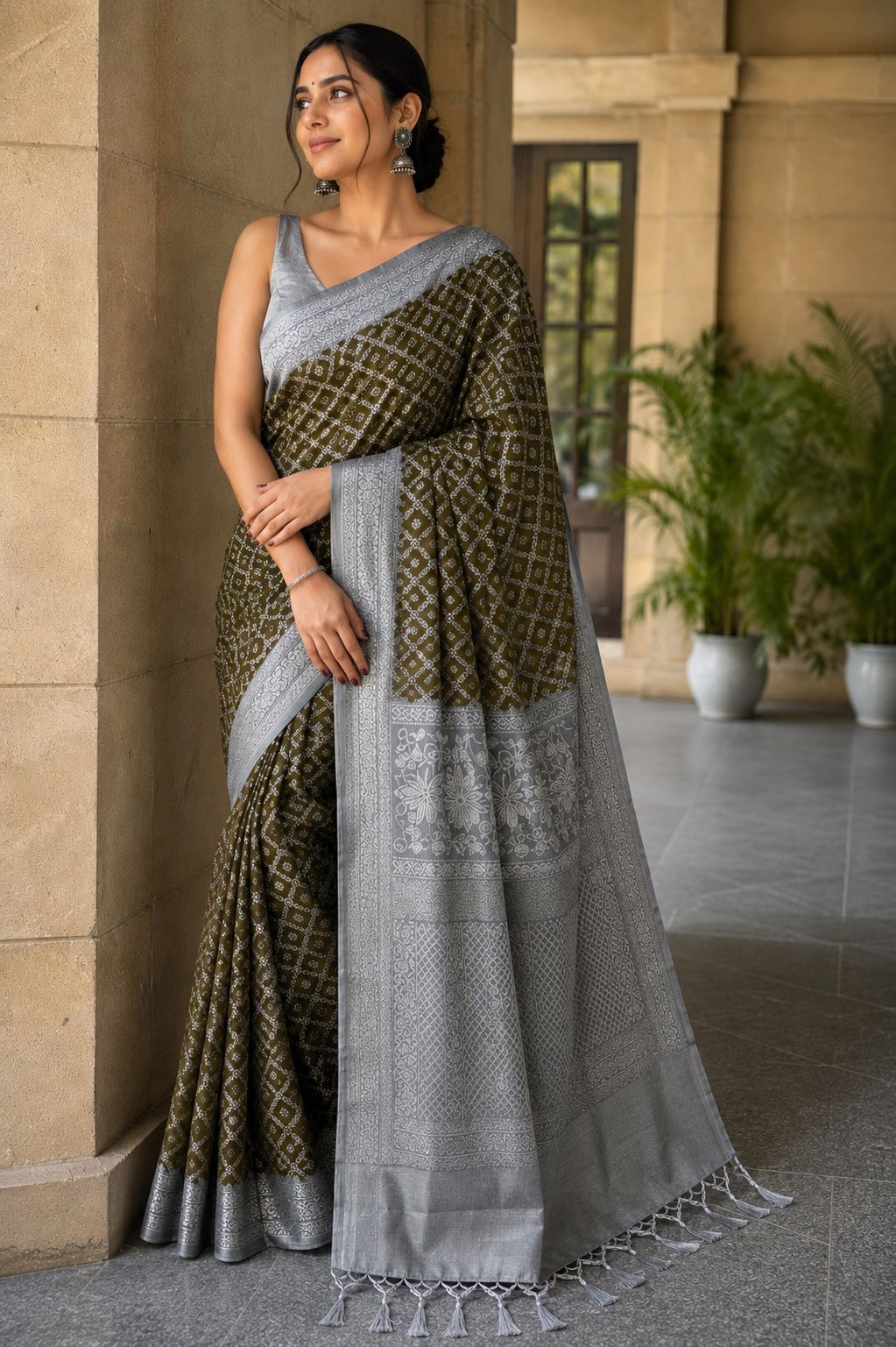 Pure Soft Silk Saree – Olive Brown with Silver Zari Border & Rich Pallu