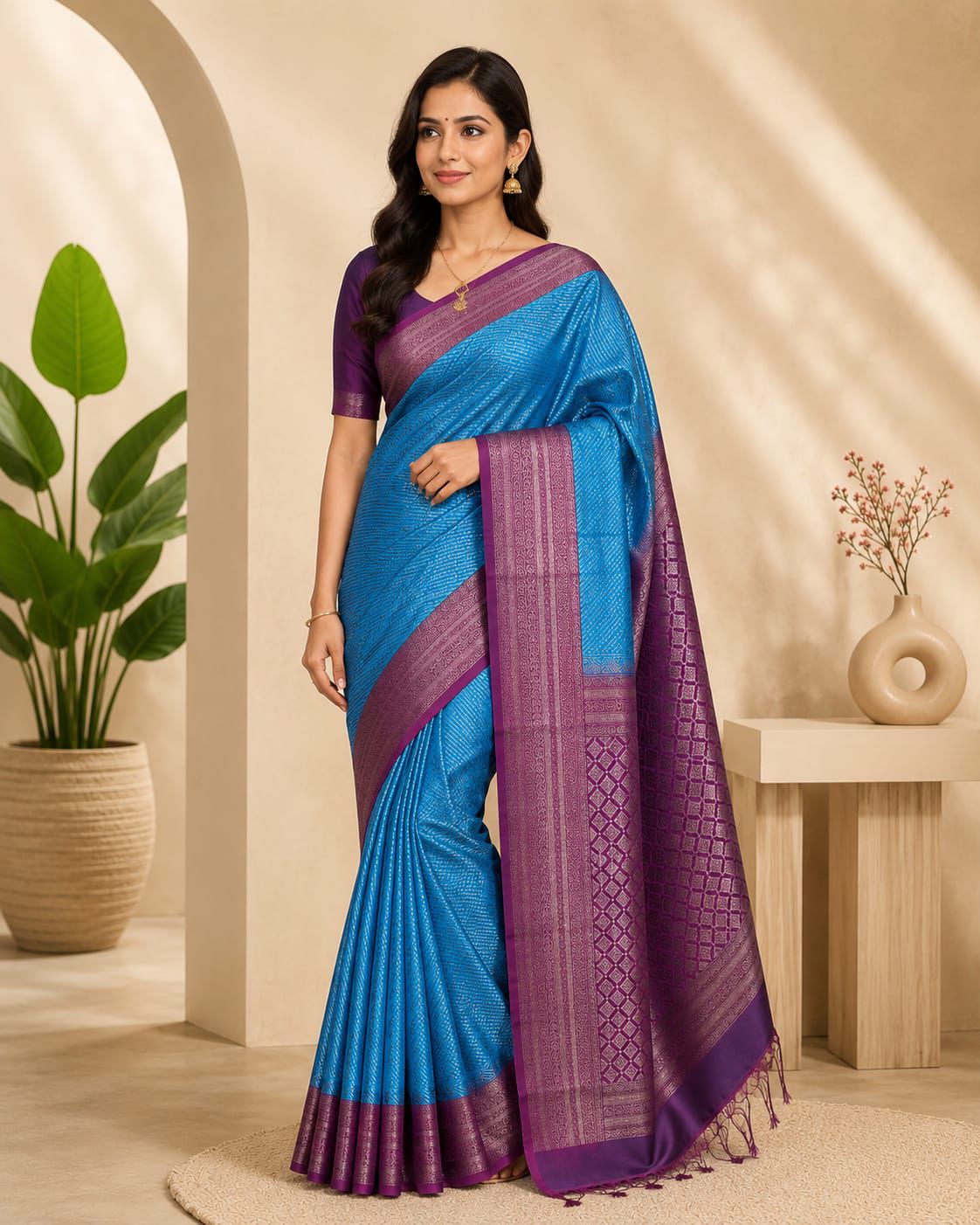Sky Blue Pure Soft Silk Saree with Rich Purple Zari Border | Silk Mark Certified