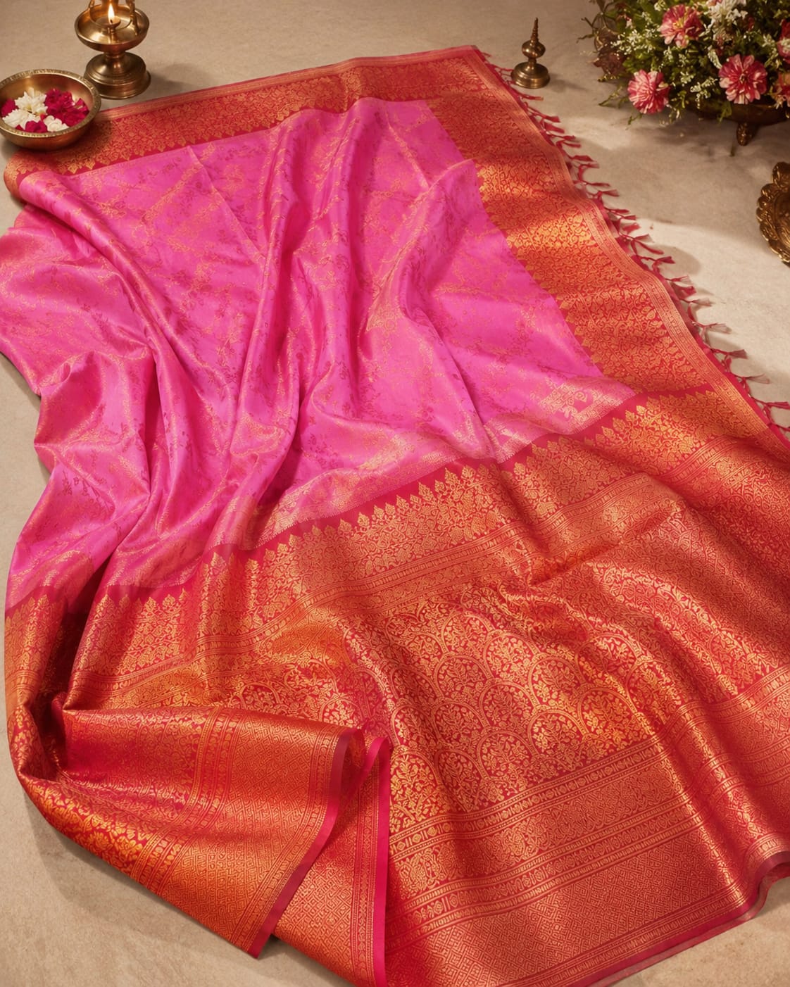 Kanchipuram Pure Silk Saree – Pink with Rich Gold Zari Border