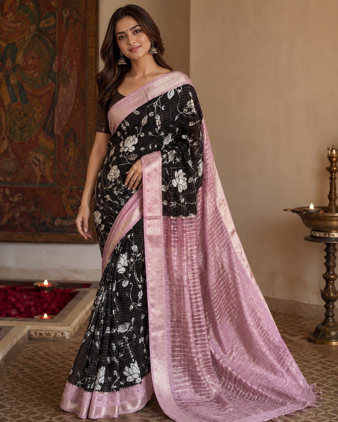 Black Floral Print Viscose Matka Silk Saree with Blush Pink Pallu