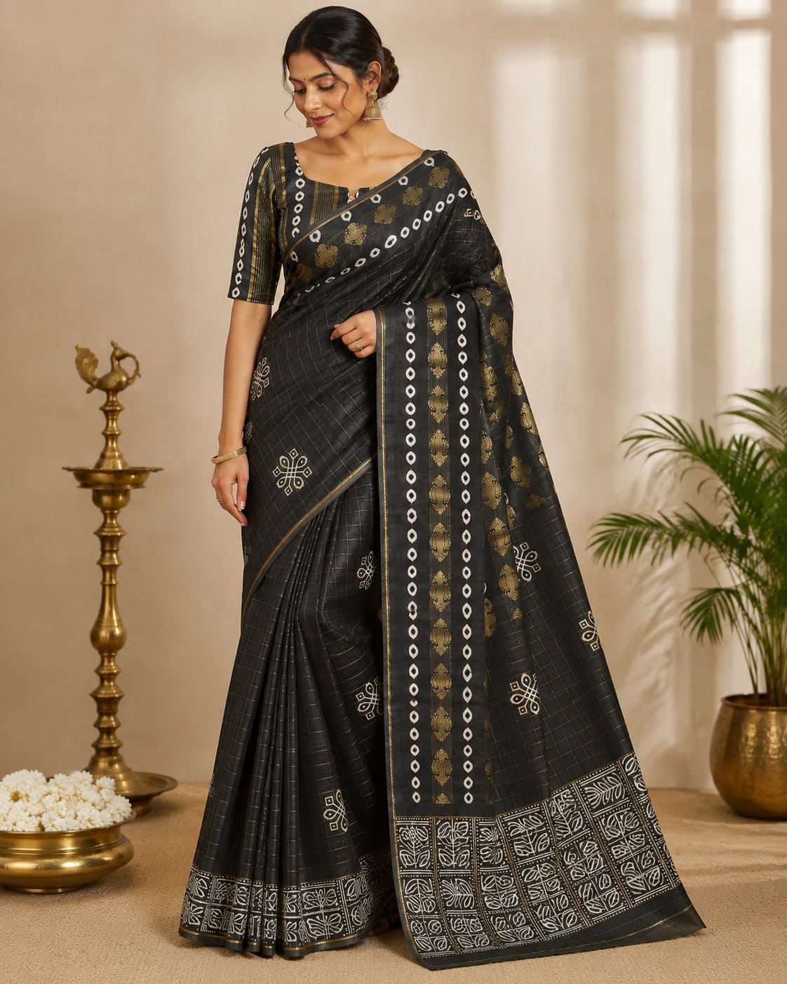 Charcoal Black Viscose Matka Silk Saree with Ethnic Woven Border