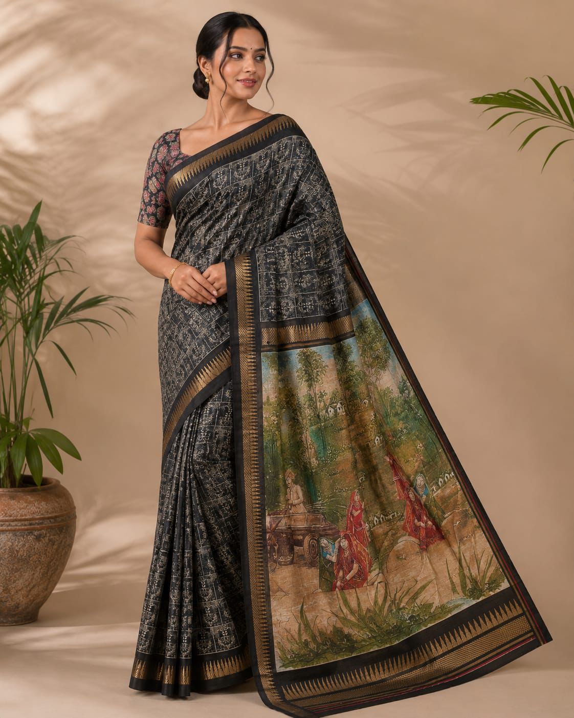 Black Artistic Print Viscose Matka Silk Saree with Heritage Landscape Pallu