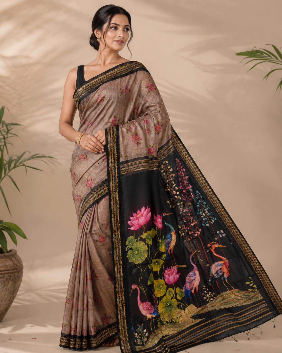 Taupe Brown Viscose Matka Silk Saree with Floral & Bird Art Pallu