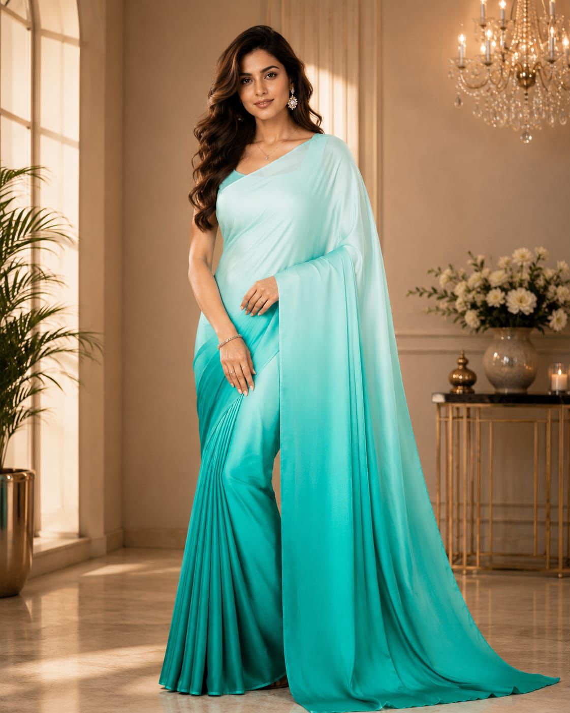 Premium Chiffon Silk Saree – Aqua Blue Ombre Gradient Party Wear Saree - Copy