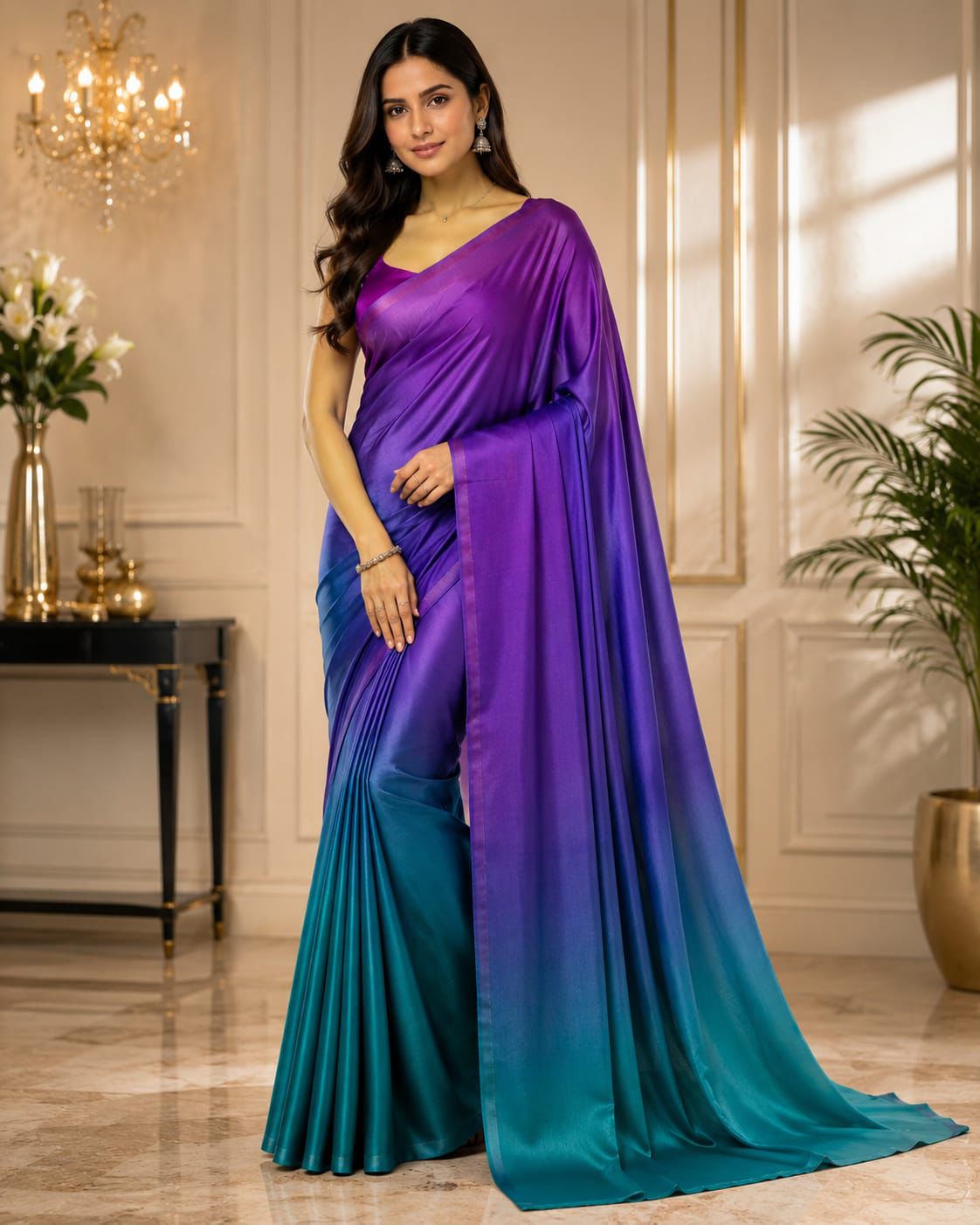 Pure Chiffon Half & Half Saree – Purple & Teal Blue Gradient Designer Saree