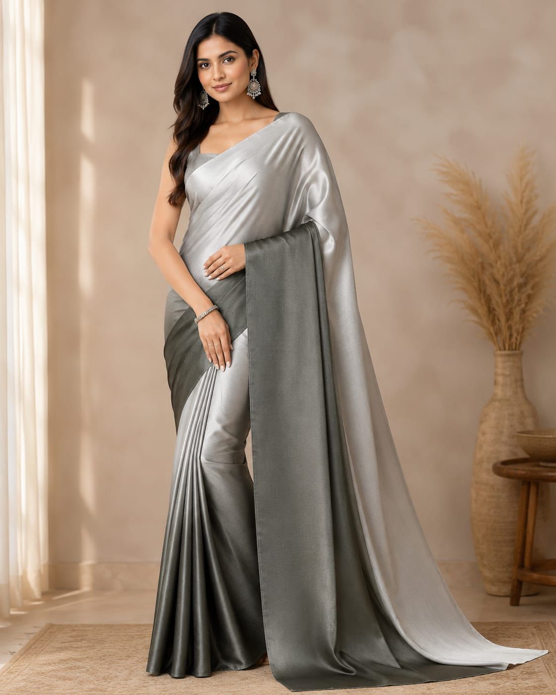 Premium Chiffon Half & Half Saree – Silver Grey & Charcoal Grey