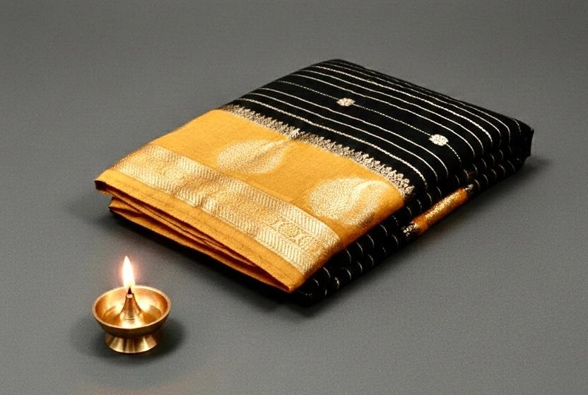 Elegant Black Assam Silk Saree with Mustard Gold Border