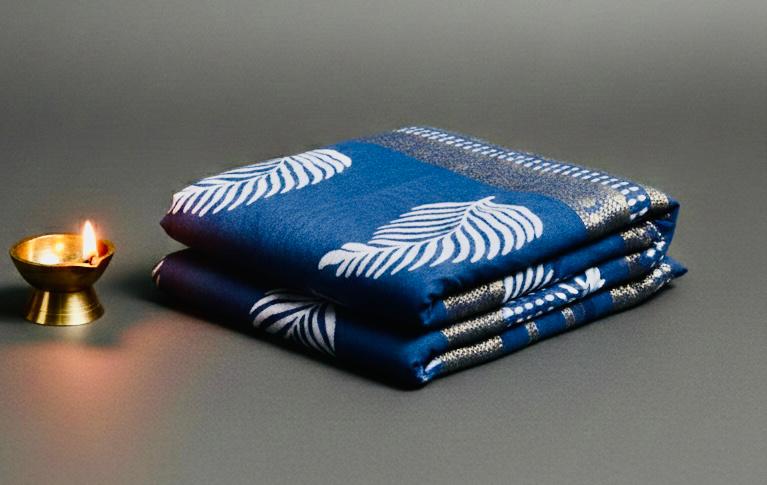 Blue Cotton Saree with Gold Lines & White Dots