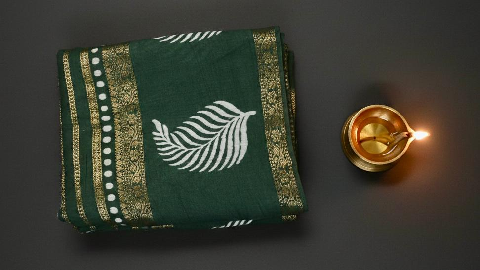Green Cotton Saree with Gold Lines & White Dots