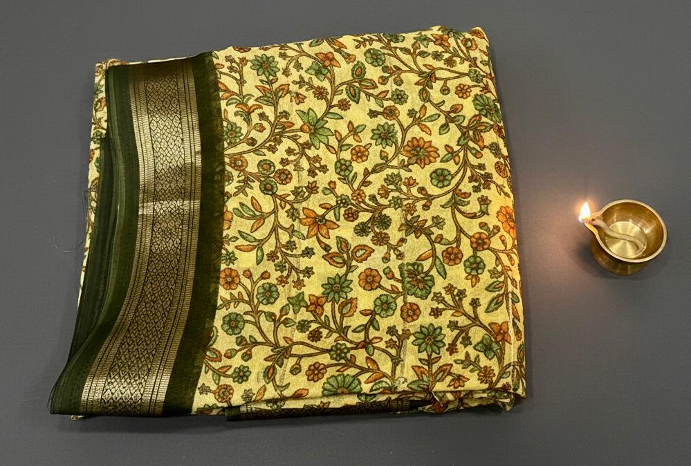 Light White Semi-Georgette yello green Saree with Floral Work & Contrast Blouse