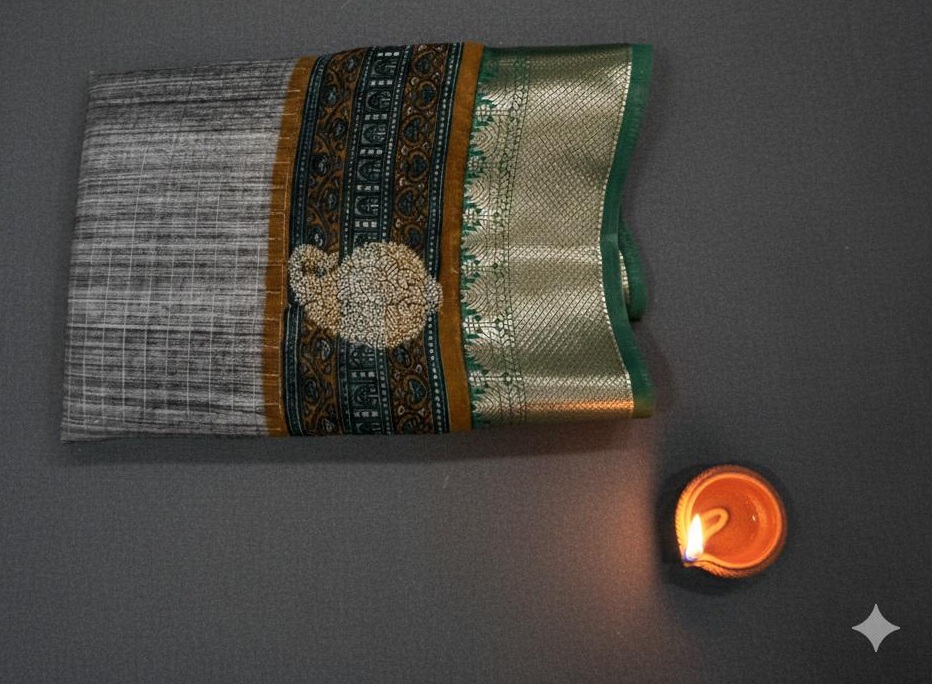 Subtle Grey Elegance with Antique Mango Zari Border