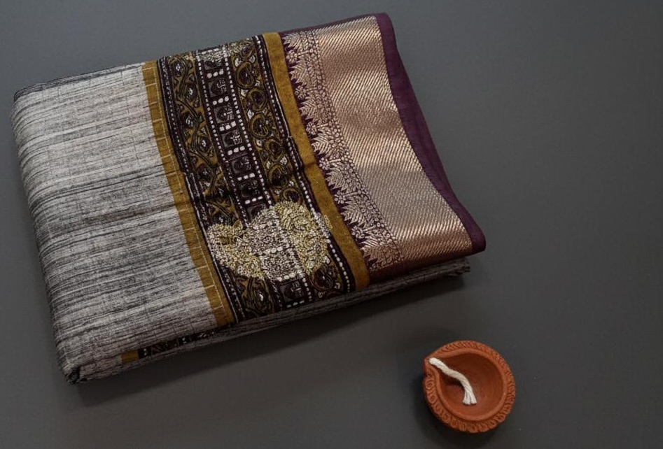 Subtle Grey Elegance with Antique Mango Zari Border