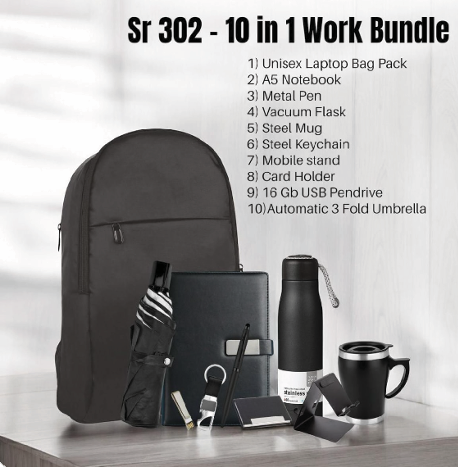 10 In 1 Gift Set (Unisex laptop bag, A5 notebook, Metal Pen, Vaccum flask, Steel mug, Steel Keychain, Mobile stand, Card holder, 16gb USB Pen drive, Umbrella )