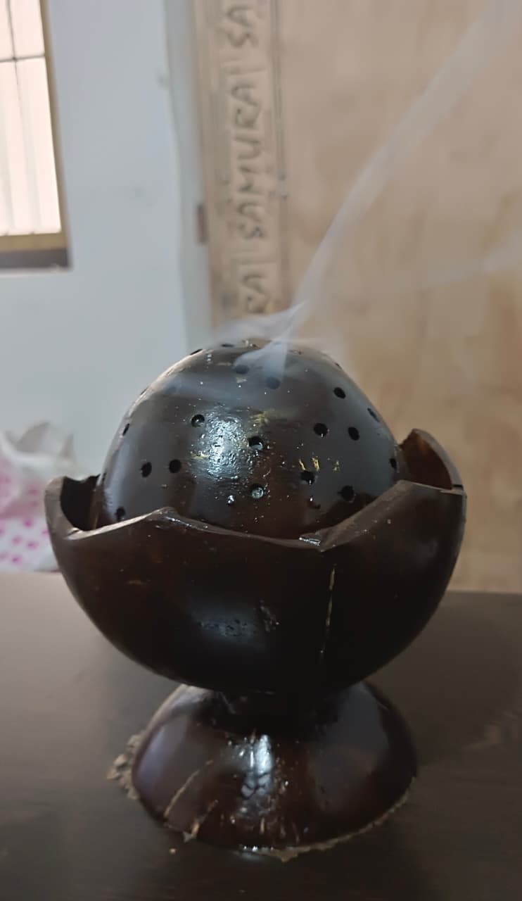 Handcrafted Coconut Shell Dhoop Stand with Natural Dhoop Cones | Eco-Friendly Incense Burner with 40 Dhoop cones made with Temple Flowers