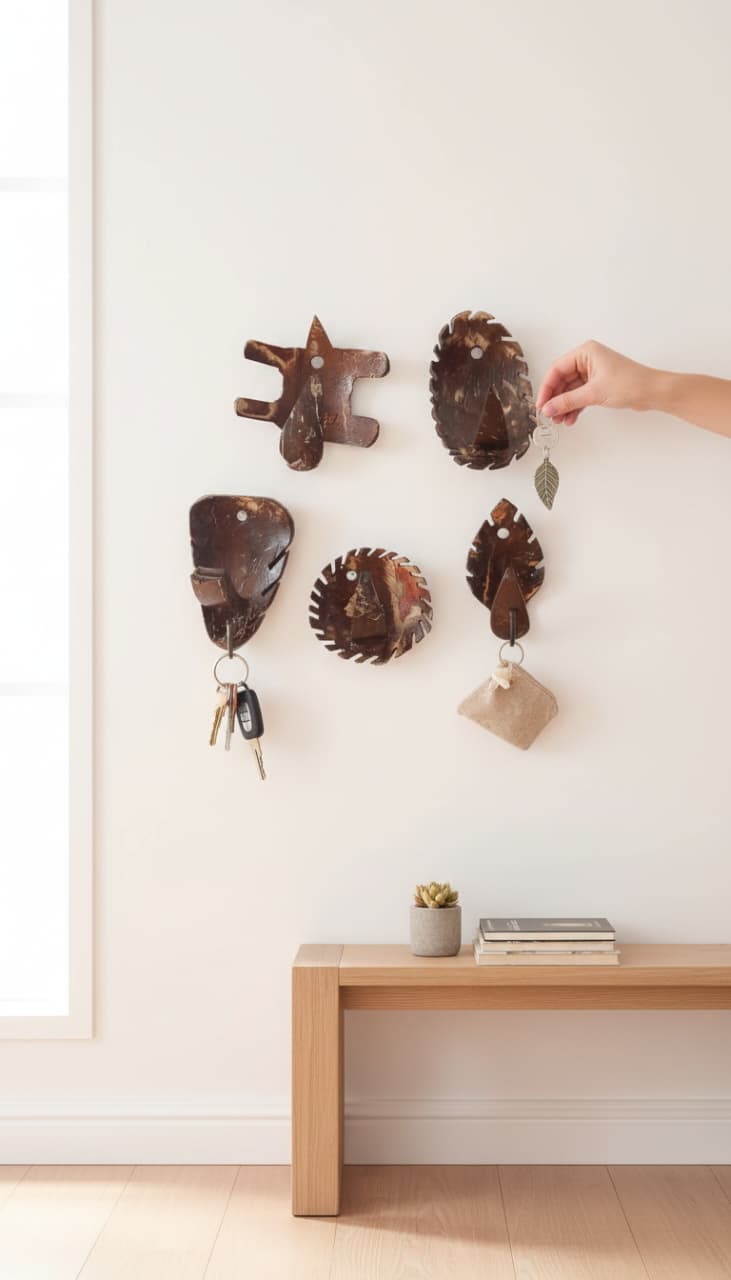Handcrafted Coconut Shell Keychain Holder | Eco-Friendly Wall Key Organizer with Rustic Hooks- Set of 5 hooks