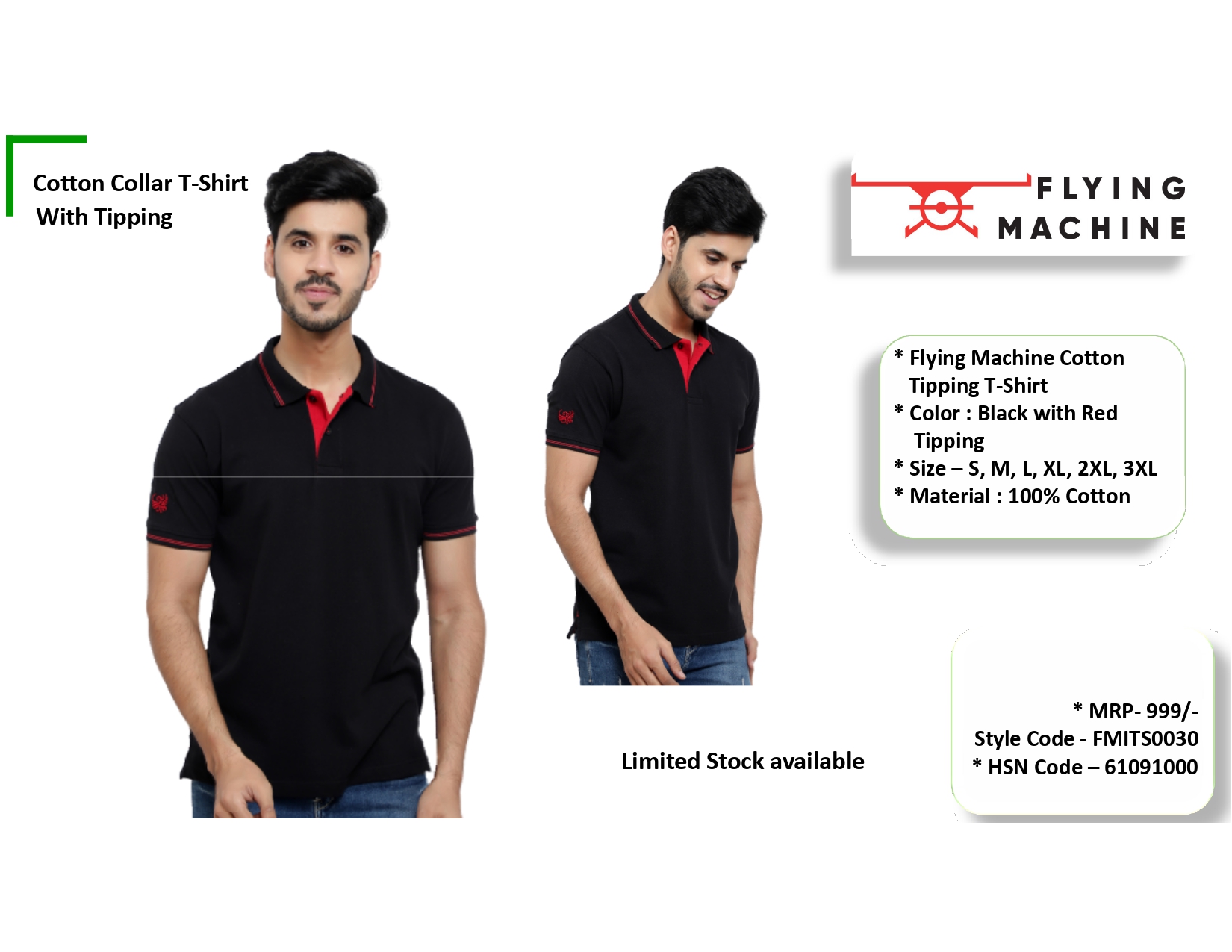 Flying Machine Cotton Collar Tshirt with Tipping Black 1