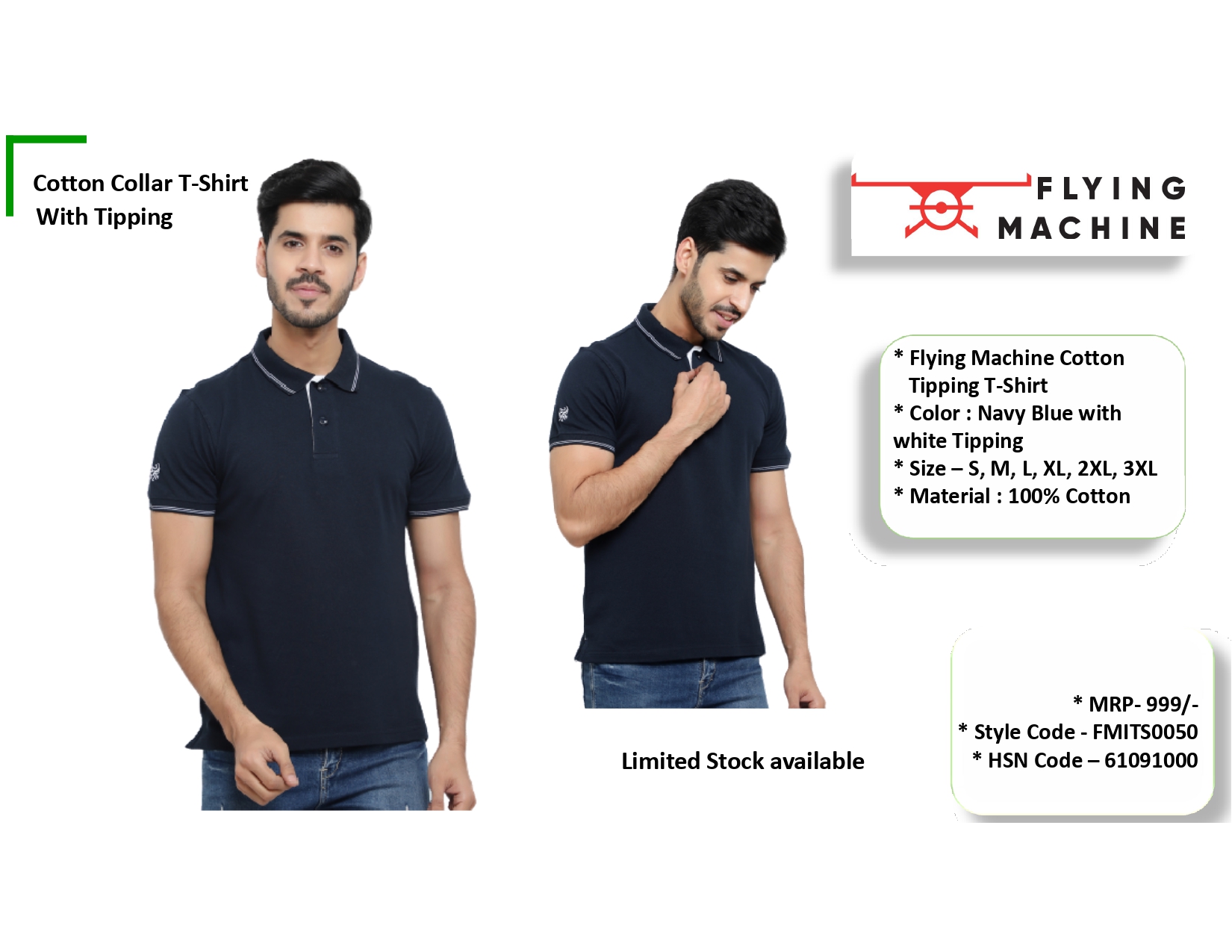 Flying Machine Cotton Collar Tshirt with Tipping Navy Blue 1