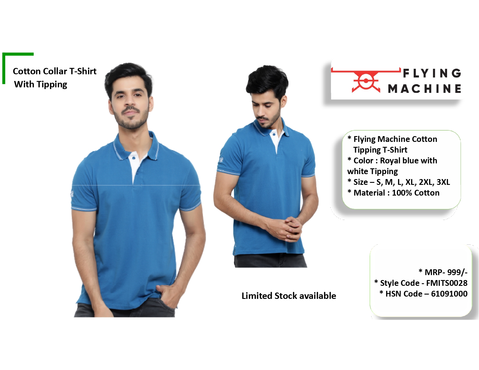 Flying Machine Cotton Collar Tshirt with Tipping Royal Blue 1