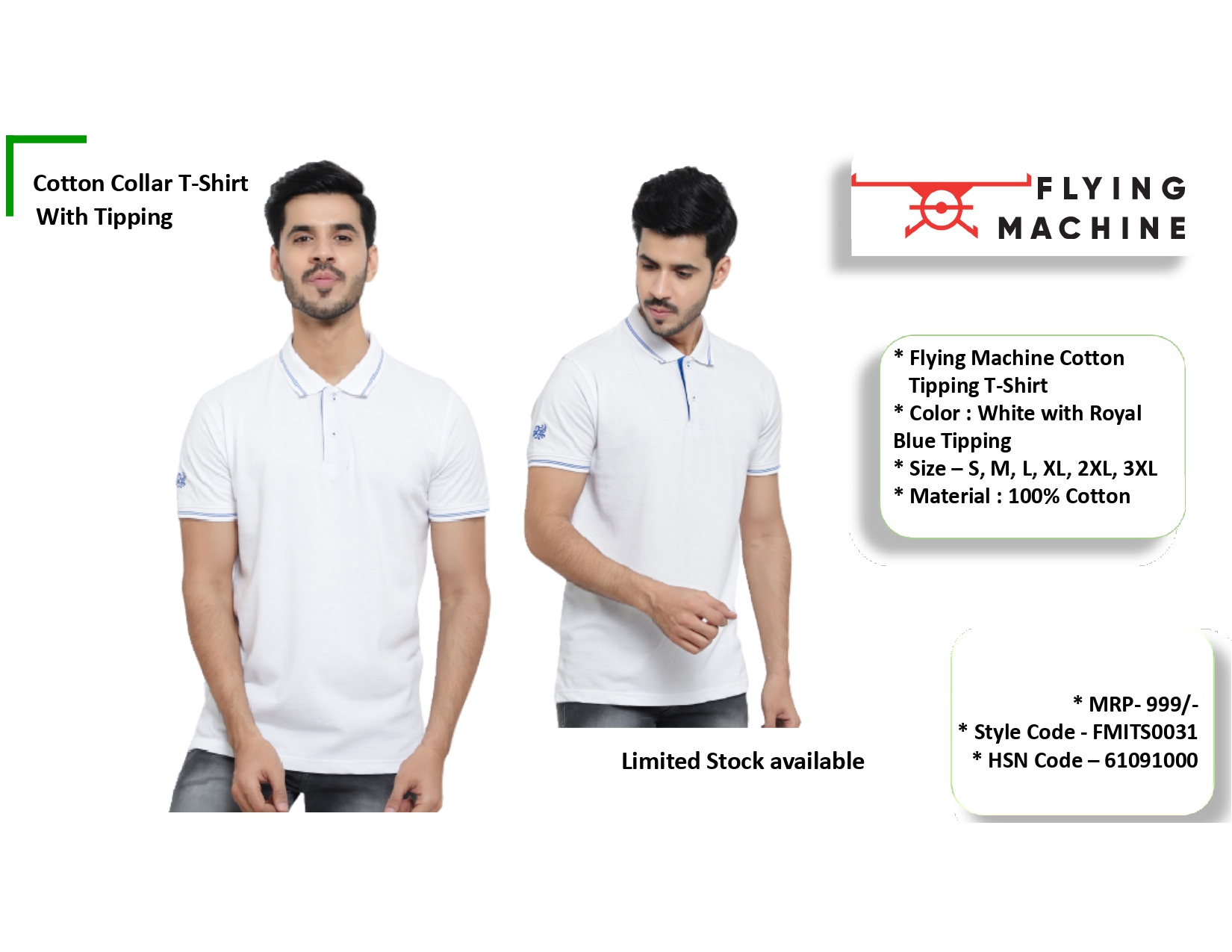 Flying Machine Cotton Collar Tshirt with Tipping White 1