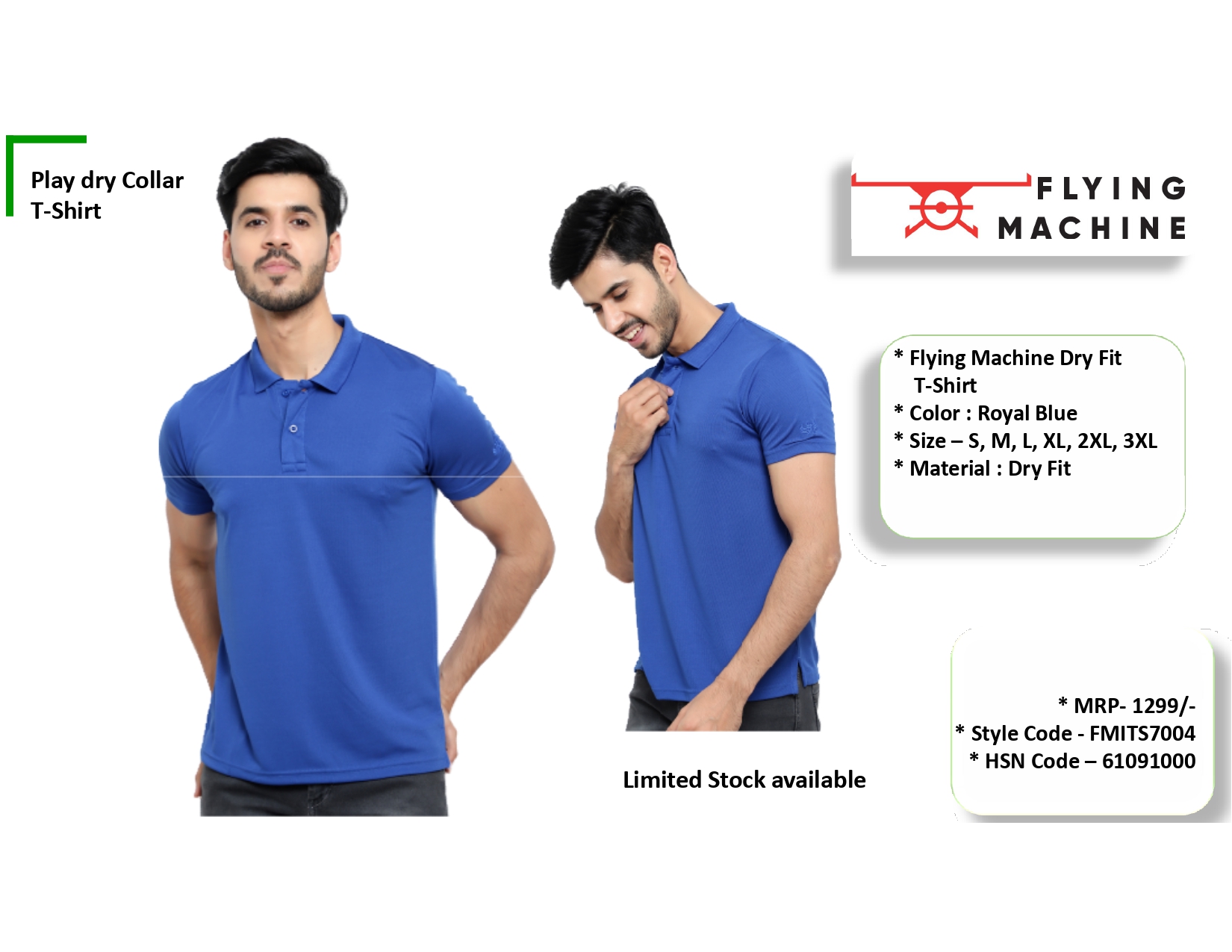 Flying Machine Play Dry Collar Tshirt Royal Blue 1