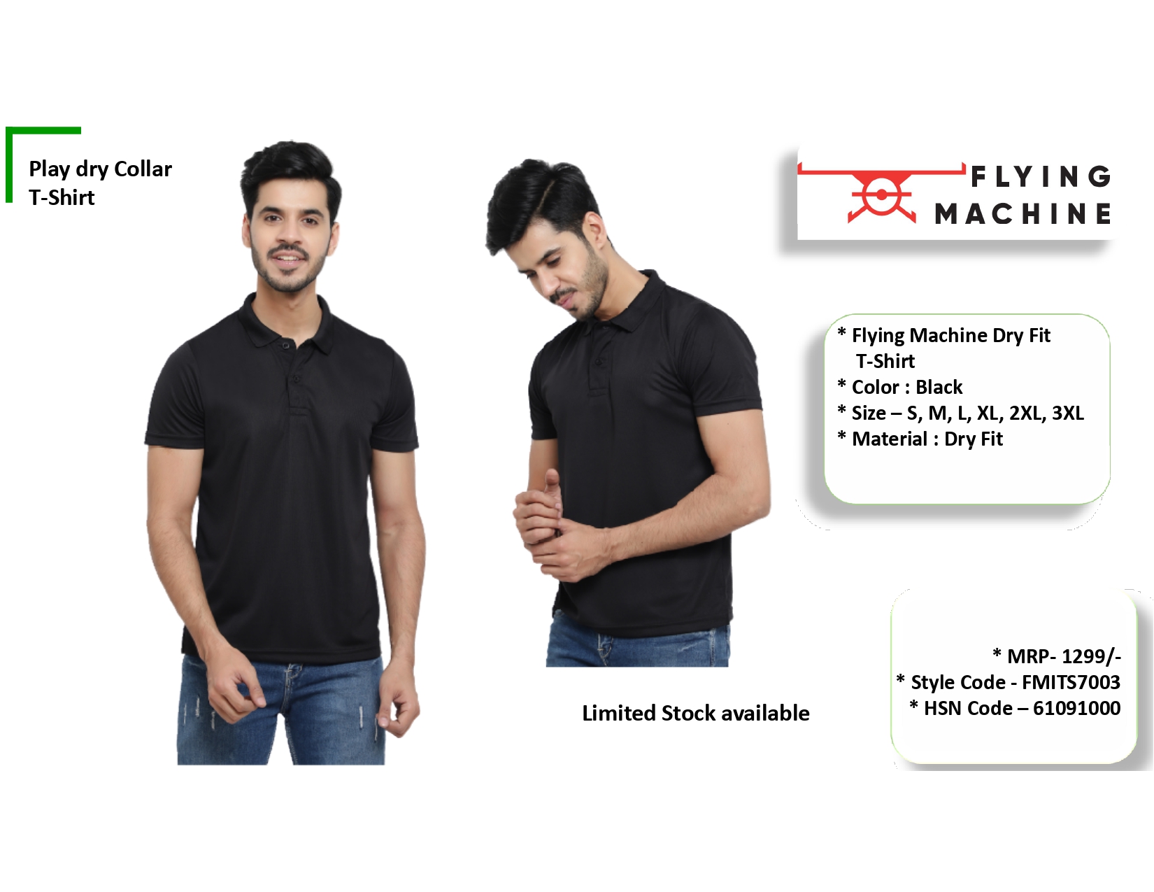 Flying Machine Play Dry Collar Tshirt Black 1