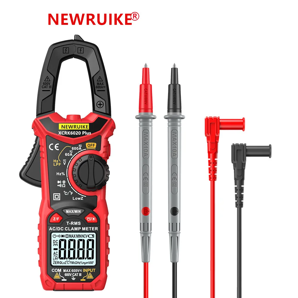 NEWRUIKE XCRK6020+ Digital Clamp Meter DC/AC Current 600A Multimeter Ammeter Voltage Tester Car Amp Hz Capacitance NCV Ohm Test