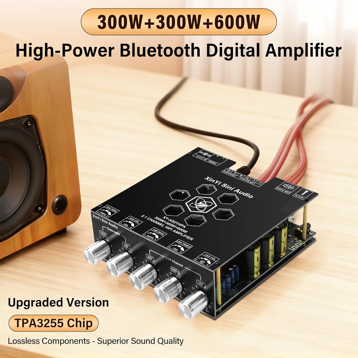 XinYi Sini Audio AS21HPA 2.1 Channel Bluetooth Amplifier Board, 300W*2+600W Peak Power Home Audio Amplifier Board, Amp Wide Voltage Input 19-51V,Supports USB/AUX/BT Input for DIY Wireless Speaker