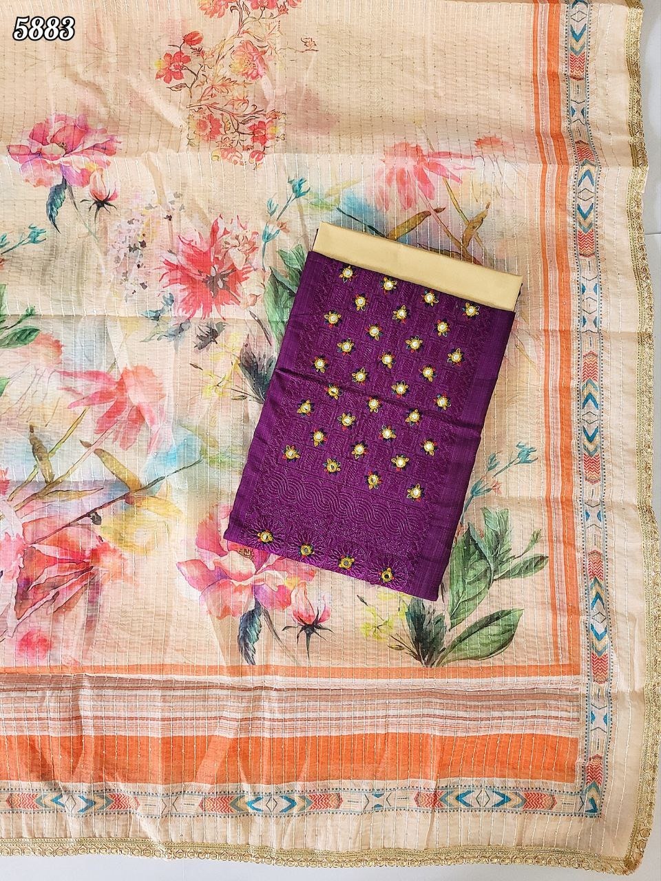 Dark Purple Ethnic Grand Mirror Work & Printed Dupatta Dress Material #5883
