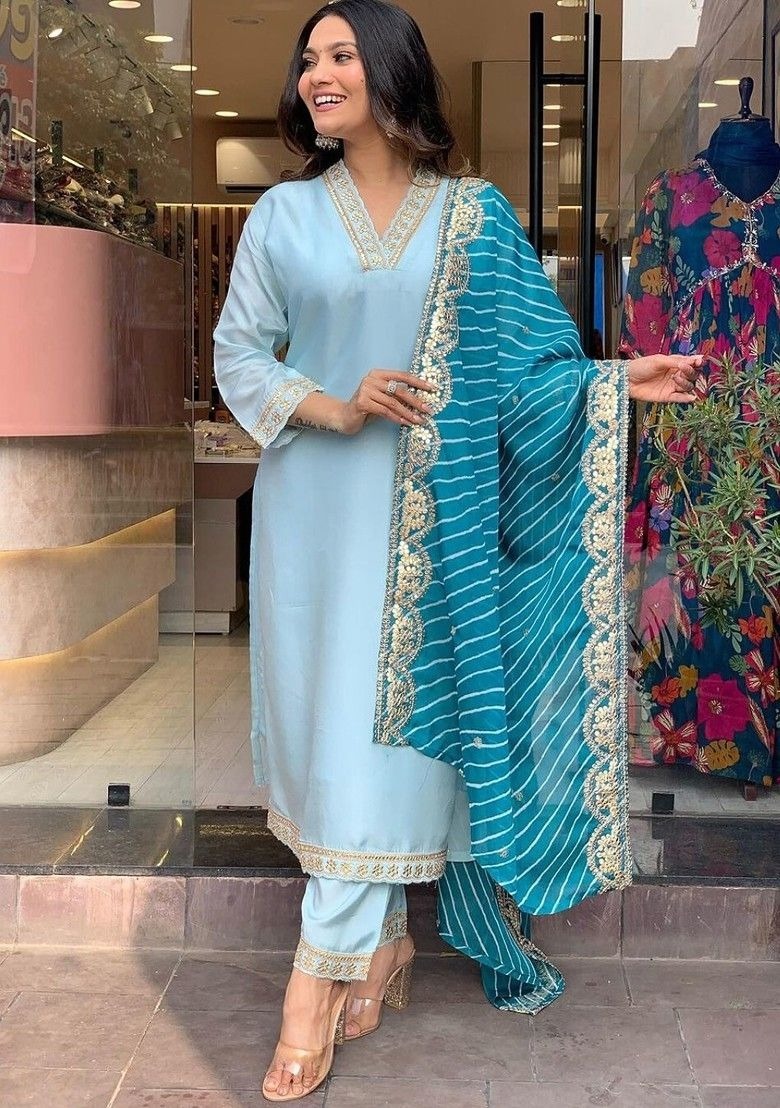 Zarna Sky Blue Cotton blend