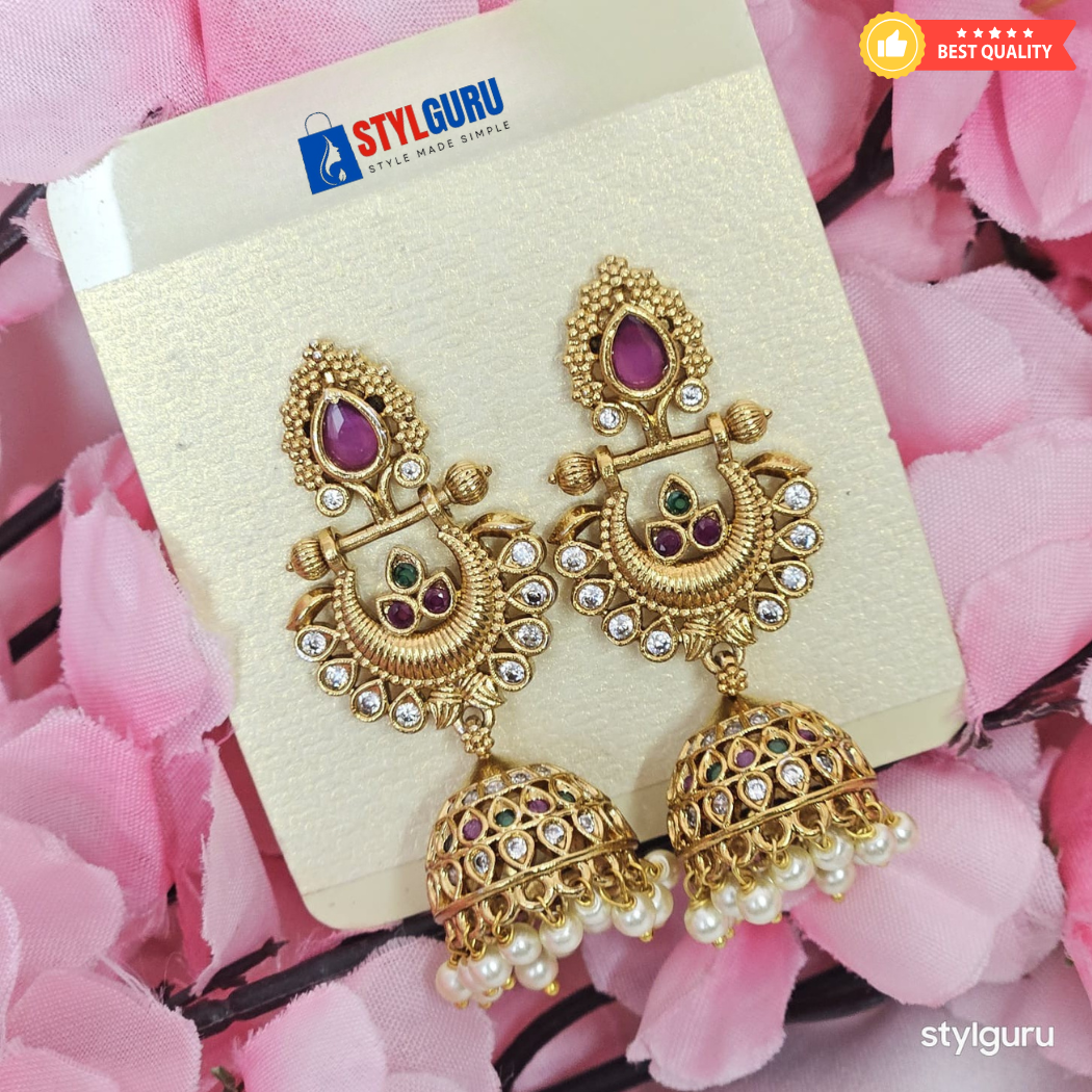 Traditional Antique Gold-Plated Jhumka Earrings with Pearls and Kundan Stones