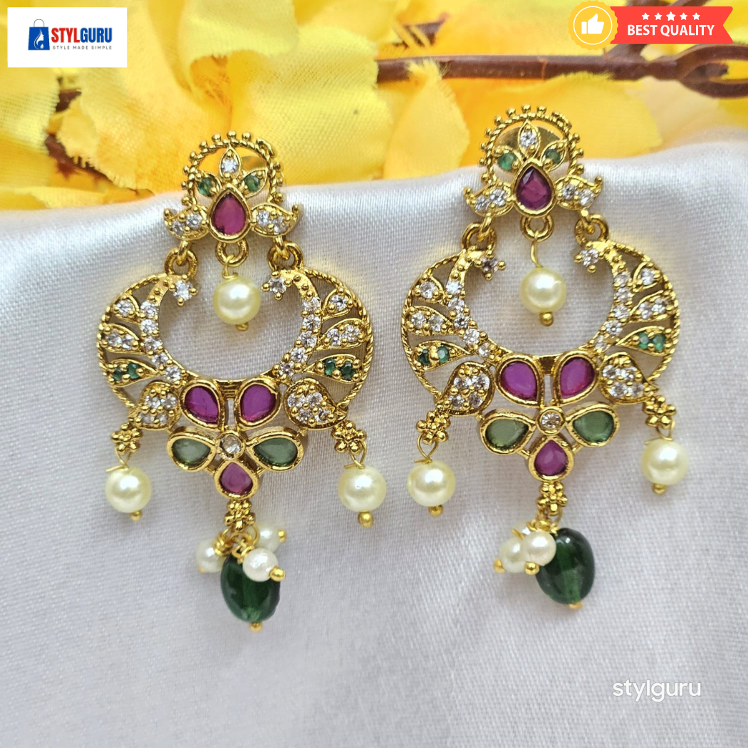 Elegant Gold-Plated Chandbali Earrings with Kundan, Pearls & Colorful Stones