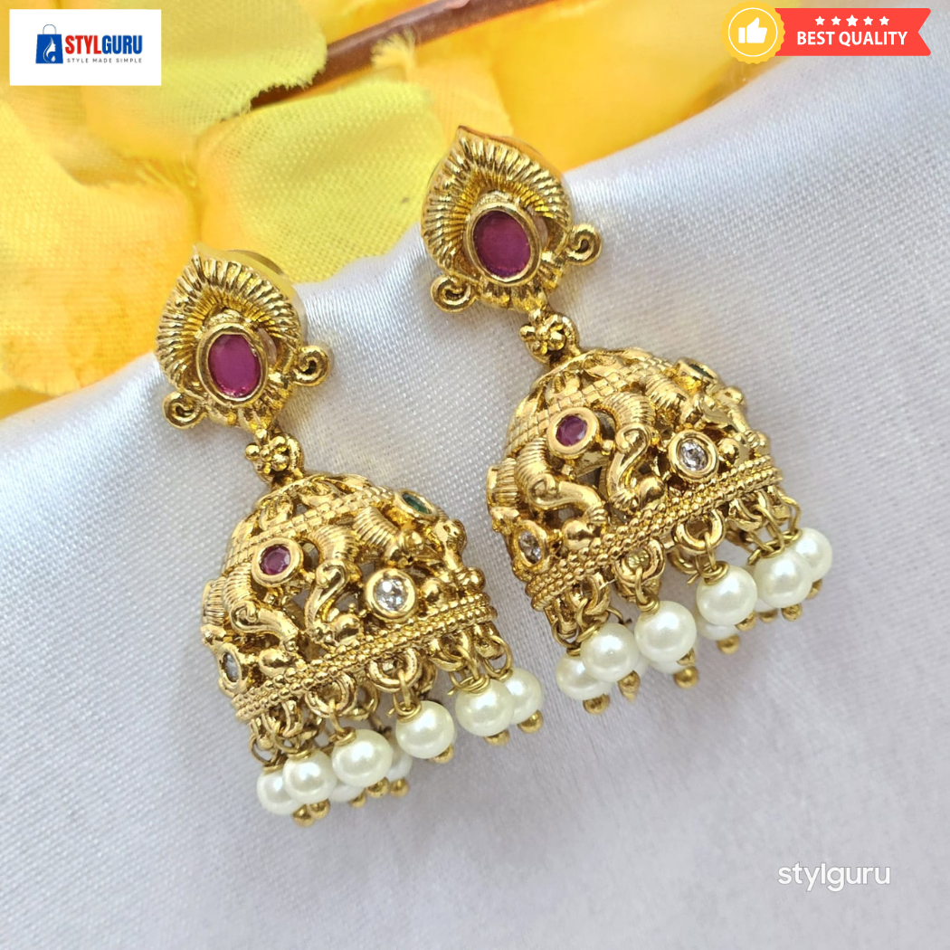 Traditional Gold-Plated Temple Jhumka Earrings with Pearls and Ruby Stones