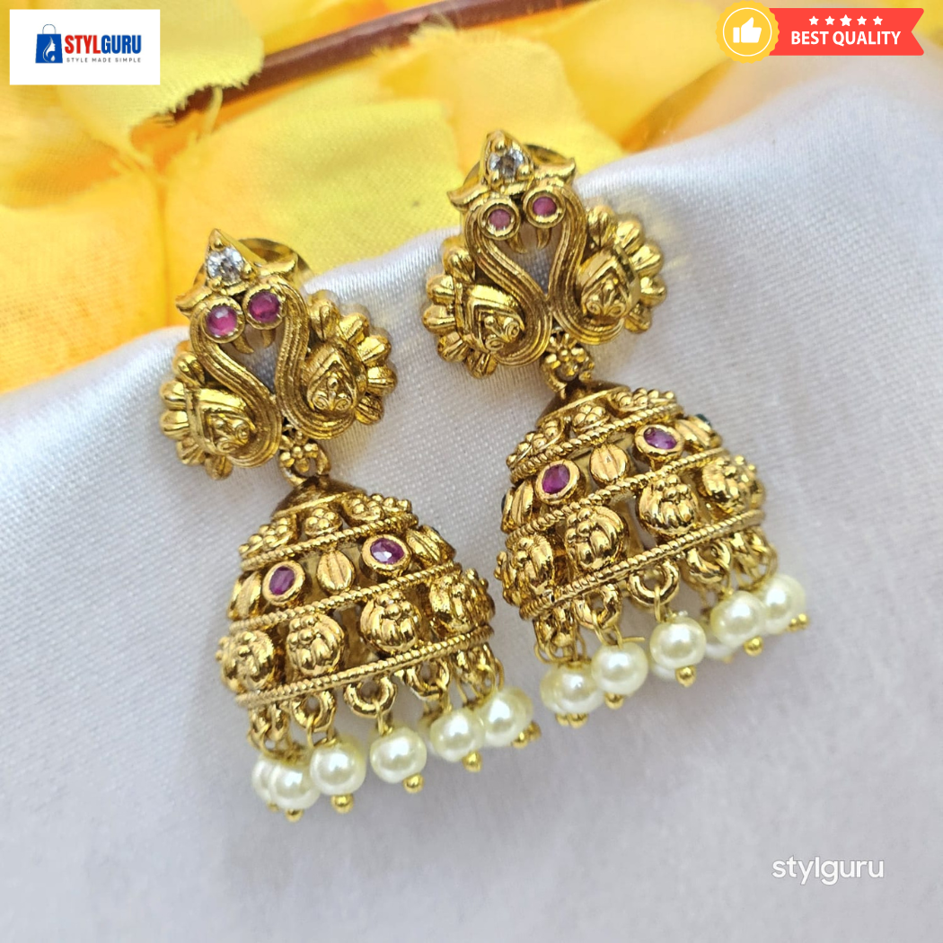 Antique Gold-Plated Peacock Design Temple Jhumka Earrings