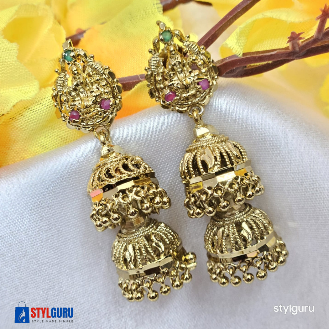 Double Layered Antique Gold-Plated Temple Jhumka Earrings with Ruby and Green Stone Accents