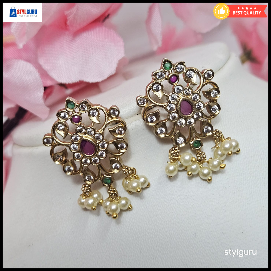 Traditional Gold-Plated Earrings with Pearls and Ruby Stones