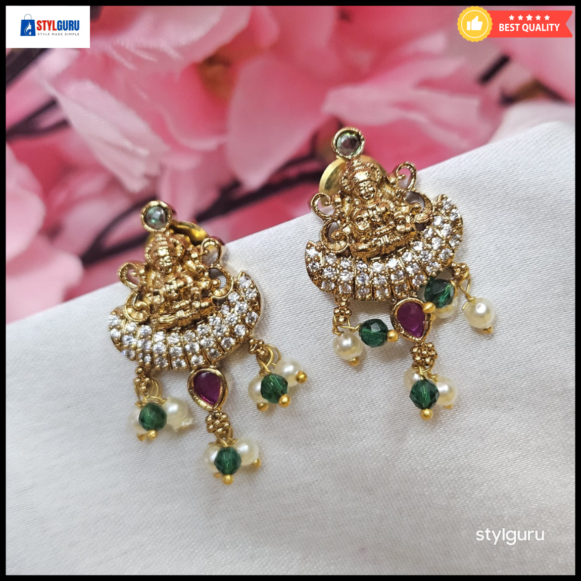 Temple Jewelry Inspired Gold-Plated Lakshmi Earrings with Pearl and Stone Drops